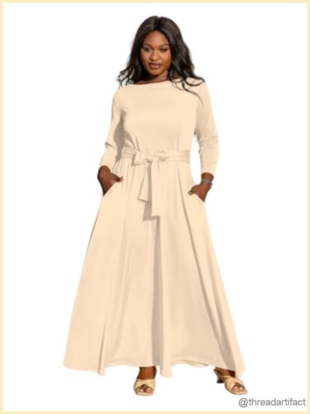 Plus Size Maxi Dress with Belt Flowy A-Line 3/4 Sleeve